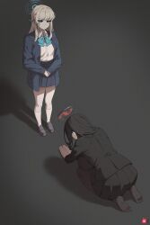 Rule 34 | 2girls, ass, black pantyhose, black skirt, blazer, blonde hair, blue archive, blue eyes, blue skirt, breasts, cardigan, commentary, commission, dogeza, english commentary, halo, highres, jacket, kneehighs, large breasts, loafers, long hair, multiple girls, no shoes, noonnoon531, pantyhose, pleated skirt, rio (blue archive), school uniform, shoes, skirt, socks, soles, toki (blue archive), white socks