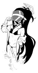 Rule 34 | 1girl, asahina yoshitoshi, bare shoulders, bikini, blue archive, blush, breasts, closed mouth, greyscale, highres, jacket, kei (blue archive), long hair, monochrome, navel, off shoulder, open clothes, open jacket, small breasts, solo, standing, swimsuit, very long hair, visor cap, wading, wet