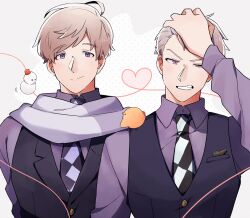 2boys axis_powers_hetalia baby_animal beak bird black_vest blush border buttons chick closed_mouth collared_shirt commentary english_commentary fang feathered_wings formal_clothes fu_tooon gilbird grey_border grey_hair hand_on_own_head hand_up heart highres lapels long_sleeves looking_at_viewer male_focus matching_outfits multiple_boys official_alternate_costume outside_border polka_dot polka_dot_background prussia_(hetalia) purple_eyes purple_shirt russia_(hetalia) scarf shirt short_hair smile snowman suit teeth upper_body v-shaped_eyebrows vest white_background white_scarf wings