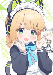 2girls :3 ? absurdres animal_ear_headphones animal_ears apron aqua_bow aqua_bowtie back_bow black_dress black_shoes blonde_hair blue_archive blue_bow blurry blush blush_stickers bow bowtie broom bucket cat_ear_headphones cat_ears cleaning_rag collared_dress commentary_request contrast_collar dress fake_animal_ears frilled_apron frilled_dress frills green_eyes green_halo hair_bow halo hands_up headphones highres holding holding_behind_back holding_broom long_sleeves looking_at_viewer maid maid_apron maid_headdress mashi_stkt medium_hair midori_(blue_archive) midori_(maid)_(blue_archive) momoi_(blue_archive) momoi_(maid)_(blue_archive) multiple_girls official_alternate_costume official_alternate_hairstyle open_hands open_mouth pantyhose parted_bangs pink_eyes pink_halo puffy_long_sleeves puffy_sleeves redrawn shadow shoes short_twintails siblings sidelocks simple_background sisters smile spill standing tareme twins twintails upper_body v-shaped_eyebrows virtual_pet_(toy) water white_apron white_background white_bow white_headdress white_pantyhose