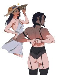 Rule 34 | 1girl, absurdres, ass, black choker, blue eyes, blue hair, bra strap, bracelet, braid, caitlyn (league of legends), choker, dress, earrings, garter belt, hand on own hip, hat, heart, highres, jewelry, league of legends, long hair, looking back, pearl bracelet, scar, short hair, smile, sun hat, sundress, thighhighs, treslech3s