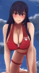 Rule 34 | 1girl, azur lane, bikini, black hair, breasts, choker, cleavage, eko.art, female focus, hair between eyes, highleg, highres, large breasts, lifeguard, long hair, looking at viewer, red bikini, red choker, red eyes, solo, swimsuit, taihou (azur lane), thigh strap, thighs, whistle