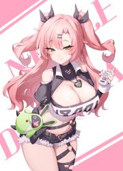 1girl absurdres amillion_(zenless_zone_zero) bangboo_(zenless_zone_zero) belt black_belt black_jacket black_ribbon black_shorts black_sleeves black_thighhighs blue_nails blush breasts cellphone cleavage closed_mouth clothing_cutout cutoffs detached_sleeves earrings fingernails flip_phone green_eyes green_nails hair_ornament hair_ribbon hairclip heart heart_collar heart_earrings highres holding holding_phone jacket jewelry large_breasts long_hair long_sleeves looking_at_viewer midriff mole mole_on_breast mole_on_thigh mole_under_eye multicolored_nails nail_polish navel nicole_demara o-ring o-ring_belt open_belt open_fly phone pink_background pink_hair pink_nails ribbon shiny_skin shorts shoulder_cutout single_thighhigh smile solo stomach strapless taiyaki12 thighhighs thighs torn_clothes torn_thighhighs tube_top twitter_username two_side_up white_background white_tube_top zenless_zone_zero