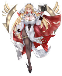 Rule 34 | 1girl, azur lane, black shoes, book, breasts, brown pantyhose, cleavage, cleavage cutout, clothing cutout, dismaer, floating, floating book, floating object, gold trim, hair between eyes, high-waist pantyhose, highres, huge breasts, kersaint (azur lane), light blush, long hair, long sleeves, navel cutout, nun, open book, pantyhose, pelvic curtain, puffy long sleeves, puffy sleeves, red eyes, shoes, simple background, solo, veil, very long hair, white background