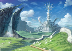 blue_sky cliff cloud day fantasy grass landscape mountain nature no_humans original outdoors path river road scenery sky tower water waterfall yamakou_(yamakou_e2)