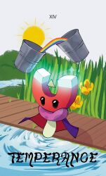 black_eyes bucket cape commentary dock english_commentary film_grain flower grass grey_sky highres looking_at_object magnet magnet-shroom_(plants_vs._zombies) mushroom no_humans object_head official_alternate_costume outdoors plants_vs._zombies plants_vs._zombies_2 purple_cape rainbow red_cape reoghostreo roman_numeral sky solo sparkle sun two-sided_cape two-sided_fabric water yellow_flower