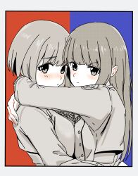 2girls absurdres arms_around_neck blue_background blunt_bangs blush border breast_press breasts closed_mouth from_side greyscale_with_colored_background hashtag-only_commentary highres hug inoue_takina lan_3736 large_breasts long_hair looking_at_viewer looking_to_the_side lycoris_recoil lycoris_uniform multiple_girls nishikigi_chisato red_background shirt short_hair sidelocks symmetrical_docking two-tone_background upper_body v-shaped_eyebrows white_border yuri