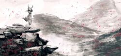 1other abstract androgynous bad_id bad_pixiv_id black_boots boots cropped dress full_body grey_dress grey_hair grey_theme hair_over_one_eye highres horns landscape limited_palette looking_at_viewer medium_dress medium_hair meola mountain mountainous_horizon on_rock original outdoors rock solo spot_color standing third-party_edit