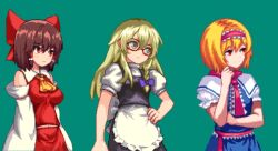 3girls alice_margatroid apron ascot blonde_hair blue_dress bow breasts capelet cookie_(touhou) detached_sleeves dress ensei_(hrjpn8440fqg3cq) glasses green_background hair_bow hairband hakurei_reimu hinase_(cookie) kirisame_marisa multiple_girls pixel_art red_bow red_eyes red_hairband ru_(cookie) touhou uzuki_(cookie) white_apron white_capelet yellow_ascot yellow_eyes