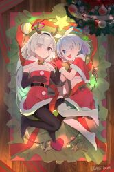 2girls arona_(blue_archive) black_hair black_hairband black_pantyhose blue_archive blue_eyes blue_hair blue_halo blush capelet christmas colored_inner_hair dress full_body grey_hair hairband halak0000 halo highres long_hair looking_at_viewer multicolored_hair multiple_girls open_mouth pantyhose parted_lips pink_hair plana_(blue_archive) red_capelet red_dress red_halo santa_costume santa_dress short_hair smile twitter_username white_pantyhose