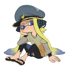 Rule 34 | 1girl, agent 3 (splatoon), behind-the-head headphones, black headphones, black sandals, blonde hair, blue eyes, blue hair, blue hat, blue shirt, captain 3 (splatoon), commentary request, coula cat, dot nose, elbow on knee, flip-flops, gold trim, green shirt, grey shirt, hand on floor, hat, head on hand, headphones, highres, knees up, layered shirt, leggings, long hair, long sleeves, looking at viewer, multicolored hair, multicolored shirt, nintendo, orange shirt, partially shaded face, patchwork clothes, peaked cap, pointy ears, sandals, shirt, simple background, sitting, solo, sparkle, splatoon (series), splatoon 3, tentacle hair, thick eyebrows, three quarter view, torn clothes, torn leggings, two-tone hair, very long hair, white background