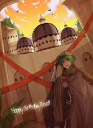 1boy assassin_cross_(ragnarok_online) bird black_gloves black_shirt brown_cloak character_name cloak cloud commentary cowboy_shot dome english_commentary gloves green_hair happy_birthday hat in-universe_location looking_at_viewer male_focus middle_eastern_architecture open_mouth orange_sky outdoors purple_eyes ragnarok_online rice_hat rinslette shirt short_hair sky smile solo