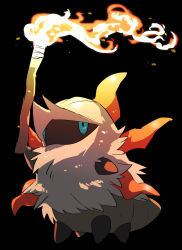 45_(maruyaki45) absurdres black_background blue_eyes bug creatures_(company) fire fur game_freak gen_5_pokemon highres holding holding_torch larvesta looking_up nintendo no_humans pokemon pokemon_(creature) simple_background solo standing torch white_fur