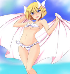 1girl bikini blonde_hair blue_eyes breasts covered_erect_nipples dragon_quest dragon_quest_v female_focus futami_masaki hero&#039;s_daughter_(dq5) highres short_hair small_breasts solo square_enix swimsuit towel