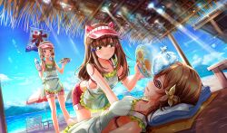 3girls @_@ apron arihara_tsubasa bag_on_head beach beach_chair beach_house beach_umbrella bikini bikini_under_clothes bird blue_bow bow brown_eyes brown_hair cinderella_series closed_mouth cloud dutch_angle frilled_apron frills game_cg green_apron hachigatsu_no_cinderella_nine hair_between_eyes hair_bobbles hair_bow hair_ornament halterneck hand_fan highres holding holding_fan ice_pack leaning_forward lens_flare light_brown_hair light_rays long_hair looking_at_another low_twintails lying motion_blur motion_lines multiple_girls naoe_tayu non-web_source ocean official_art on_back open_mouth outdoors paper_fan red_bow red_eyes red_shorts seagull shorts sky speed_lines standing string_bikini summer sunbeam sunlight sweat swimsuit towel towel_on_head twintails ukita_akane umbrella visor_cap wooden_floor yellow_bow