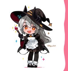 1girl absurdres black_gloves black_hat black_pantyhose black_shoes blush breasts bright_pupils brown_eyes chibi chibi_only full_body gloves hat hepari highres holding holding_wand looking_at_viewer medium_breasts open_mouth original pantyhose shoes smile solo twitter_username wand white_pupils witch_hat