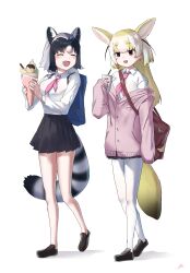 2girls absurdres alternate_costume alternate_hair_length alternate_hairstyle animal_ears arm_at_side bag black_hair black_shoes black_skirt blonde_hair blush brown_eyes buttons cardigan closed_eyes collared_shirt common_raccoon_(kemono_friends) cream cream_on_face crepe cup drinking_straw earrings extra_ears facing_another fennec_(kemono_friends) food food_on_face fox_ears fox_girl fox_tail full_body grey_hair hand_up hands_up highres holding holding_crepe holding_cup holding_food jewelry kemono_friends long_hair long_sleeves medium_hair miniskirt mogurii multicolored_hair multiple_girls necktie off-shoulder_cardigan open_mouth pantyhose pink_cardigan pink_necktie pleated_skirt raccoon_girl raccoon_tail school_uniform shirt shirt_tucked_in shoes shoulder_bag signature skirt sleeves_past_fingers sleeves_past_wrists smile tail walking white_hair white_pantyhose white_shirt wing_collar