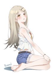 1girl absurdres bare_legs bare_shoulders barefoot blonde_hair blue_shorts blush breasts buwad camisole denim denim_shorts feet gakuen_idolmaster hair_ornament hairclip highres idolmaster legs long_hair looking_at_viewer orange_eyes parted_bangs parted_lips shinosawa_hiro short_shorts shorts small_breasts solo toenails toes white_camisole