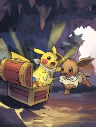 bandana cave_interior coin creatures_(company) eevee game_freak gen_1_pokemon highres nintendo no_humans open_mouth pikachu pokemon pokemon_(creature) pokemon_mystery_dungeon red_eyes rhydon signature stalactite treasure_chest yamaori_(hakkentai_pokedan)