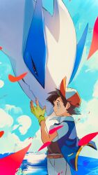 1boy ash_ketchum baseball_cap belt black_hair black_shirt blue_jacket brown_belt brown_eyes closed_eyes closed_mouth cloud collared_jacket commentary_request cowboy_shot creatures_(company) denim falling_petals fingerless_gloves game_freak gen_2_pokemon gloves green_gloves hat head_hug highres holding jacket jeans legendary_pokemon looking_at_another lugia nintendo omotikonetemasu outdoors pants petals pokemon pokemon_(anime) pokemon_(classic_anime) pokemon_(creature) red_hat shirt shirt_tucked_in short_hair short_sleeves sky water white_sleeves wind