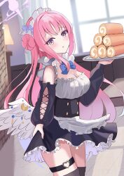 1girl :o alternate_costume apron bare_shoulders black_skirt black_thighhighs blue_archive blunt_bangs blush breasts buttons cake cleavage commentary_request cowboy_shot detached_sleeves double-breasted enmaided flower food frilled_apron frilled_skirt frills hair_bun hair_flower hair_ornament halo hand_up heart heart_o-ring highres holding holding_tray indoors large_breasts long_hair long_sleeves looking_at_viewer low_wings maid maid_apron maid_headdress mika_(blue_archive) o-ring o-ring_thigh_strap open_mouth pink_hair pink_halo puffy_long_sleeves puffy_sleeves single_side_bun skirt smyin_rii swiss_roll thigh_strap thighhighs tray very_long_hair white_apron white_wings wings yellow_eyes zettai_ryouiki