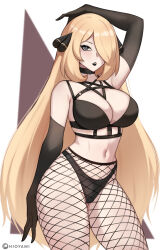 1girl absurdres arm_up armpit_crease black_bra black_choker black_lips black_panties blonde_hair bra breasts choker closed_mouth cowboy_shot curvy cynthia_(pokemon) elbow_gloves fishnet_pantyhose fishnets gloves goth_fashion grey_eyes highres hioyami large_breasts nintendo panties pantyhose pokemon pokemon_dppt simple_background solo underwear