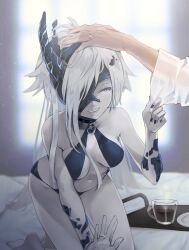 Rule 34 | 1girl, abyssal ship, asymmetrical hair, barefoot, bed, black nails, blue eyes, breasts, choker, closed eyes, commission, hand on another&#039;s head, heart lock (kantai collection), highres, horns, jewelry, kantai collection, long hair, marriage proposal, medium breasts, ne-class heavy cruiser, pale skin, petting, ring, ruohire9, single horn, skeb commission, smile, swimsuit, white hair
