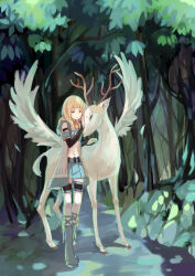 Rule 34 | 1girl, absurdres, antlers, black gloves, blonde hair, blue skirt, boots, braid, cape, dappled sunlight, day, deer, deer antlers, elbow gloves, falling feathers, feathered wings, feathers, flat chest, flower, forest, full body, gloves, grey boots, grey cape, highres, hime cut, horns, jewelry, long hair, midriff, nature, navel, outdoors, path, petting, pixiv fantasia, pixiv fantasia new world, road, skirt, solo, standing, sunlight, thighlet, tree, twin braids, winged animal, wings, xk xk, yellow flower