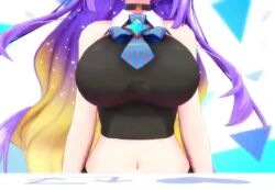 1girl 3d animated blonde_hair breasts crop_top heart hololive hololive_indonesia large_breasts long_hair moona_hoshinova multicolored_hair navel pov purple_hair retweet_icon tagme triangle_background two-tone_hair video virtual_youtuber white_background