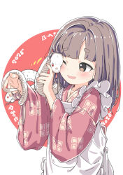 Rule 34 | 1girl, 2025, animal, apron, blush, cheek-to-cheek, chinese zodiac, grey eyes, grey hair, hair intakes, heads together, holding, holding animal, holding snake, japanese clothes, kimono, kuresuku (lessons), one eye closed, open mouth, original, patterned clothing, print kimono, raised eyebrow, short eyebrows, snake, solo, white apron, year of the snake