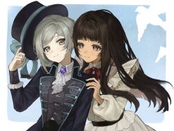 2girls albadove ascot bird black_coat black_hair black_hat black_vest blue_background blue_bow boater_hat border bow bowtie closed_mouth coat collared_shirt dress grey_eyes grey_hair hair_bun hand_on_another&#039;s_shoulder hand_on_headwear hand_up hat hat_bow heads_together highres long_hair long_sleeves looking_at_viewer multiple_girls oc_x_canon original outside_border puffy_long_sleeves puffy_sleeves red_bow red_bowtie reverse:1999 shirt single_side_bun smile vertin_(reverse:1999) vest waistcoat white_ascot white_border white_dress white_shirt yuri