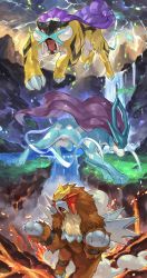 absurdres brown_fur claws closed_mouth cloud commentary_request entei fangs fire gen_2_pokemon grass highres lava legendary_pokemon lightning nintendo no_humans open_mouth orange_eyes pokemon pokemon_(creature) raikou suicune tapioka_chaso toes tongue water waterfall