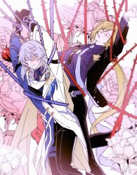 2boys arm_out_of_sleeve arm_up arms_up black_gloves black_jacket black_pants blonde_hair blue_coat blush bound bound_arms bound_wrists closed_eyes closed_mouth coat collared_shirt commentary company_connection english_commentary feathered_wings feet_out_of_frame floral_background flower frown gloves grey_hair hair_between_eyes halo halo_behind_head head_wings highres honkai:_star_rail honkai_(series) hugo_vlad jacket la_7_7_7 long_hair long_sleeves low_ponytail male_focus medium_hair mihoyo mole mole_under_eye multicolored_coat multiple_boys necktie open_clothes open_jacket pants parted_lips pink_flower plant ponytail purple_shirt restrained scarf shirt sleeve_garter sunday_(honkai:_star_rail) tears thigh_strap thorns trait_connection turtleneck turtleneck_shirt two-sided_scarf two-tone_coat very_long_hair vines white_background white_coat white_necktie white_scarf white_wings wings yellow_scarf zenless_zone_zero