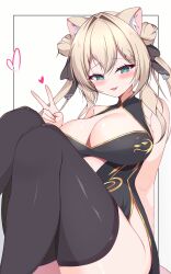 1girl absurdres alternate_costume animal_ear_fluff animal_ears aqua_eyes ass bare_arms bare_shoulders black_dress black_ribbon black_thighhighs blonde_hair blush braid braided_bangs braided_bun breasts cat_ears cat_girl cat_tail china_dress chinese_clothes cleavage cleavage_cutout clothing_cutout double-parted_bangs double_bun dress fang feet_out_of_frame fullsaber2 green_eyes hair_between_eyes hair_bun hair_intakes hair_ribbon heart highres knees_up large_breasts long_hair looking_at_viewer manuka_(vrchat) no_panties open_mouth ribbon side_slit simple_background sitting skin_fang sleeveless sleeveless_dress smile solo tail thick_thighs thighhighs thighs tongue twintails v vrchat white_background