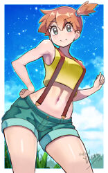 1girl asymmetrical_hair bare_arms blush breasts closed_mouth cloud crop_top day denim denim_shorts eyelashes female_focus gen_1_pokemon grass green_eyes green_shorts gym_leader hair_between_eyes hair_tie hand_on_own_hip hand_up highres legs looking_at_viewer midriff misty_(pokemon) navel nintendo orange_hair outdoors pokemon pokemon_(anime) pokemon_(classic_anime) pokemon_rgby ponytail shirt short_hair short_shorts shorts side_ponytail sky sleeveless sleeveless_shirt smile solo standing suspender_shorts suspenders tank_top thighs yasu_suupatenin yellow_shirt yellow_tank_top