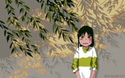 1girl anas_abdin animated animated_gif artist_name backdrop brown_hair commentary english_commentary grey_background ogino_chihiro pixel_art ponytail pout sen_to_chihiro_no_kamikakushi shirt solo striped_clothes striped_shirt studio_ghibli tree willow