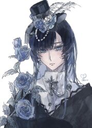 Rule 34 | 1girl, ado (utaite), blue eyes, blue flower, blue hair, blue hat, blue rose, chando (ado), commentary, flower, ha-chan (ado), hashtag-only commentary, hat, hat feather, hat flower, highres, htt hatuotuo, long hair, mole, mole under eye, rose, simple background, solo, upper body, white background