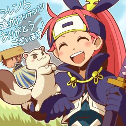 Rule 34 | 1boy, 1girl, animal on arm, asuka (fuurai no shiren), blue capelet, blue gloves, blue shirt, blush, brown hair, cape, capelet, chibi, chibi inset, closed eyes, coppa, fuurai no shiren, gloves, green eyes, hair ornament, headband, holding, holding sword, holding weapon, katana, long hair, meadow, miya (baelfight), open mouth, pink hair, ponytail, sandogasa, shiren (fuurai no shiren), shirt, smile, sword, weapon, weasel
