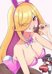 1boy 1girl animal_ear_hairband animal_ears bare_arms bare_shoulders black_hair black_nails black_necktie black_pants black_pantyhose blonde_hair blush bow bowtie box breasts candy chibi chocolate chocolate_heart collar commentary detached_collar eating english_commentary eyelashes eyes_visible_through_hair fake_animal_ears fake_tail food grin hair_between_eyes hair_over_one_eye hairband heart heart-shaped_box heart-shaped_food heart_in_eye highres holding holding_box holding_chocolate holding_food jacket large_breasts leotard long_hair long_sleeves looking_at_another looking_at_viewer low_neckline mole mole_under_mouth mouse_ears multicolored_hair nail_polish necktie no_mouth original palms pankeiki pants pantyhose pink_background pink_bow pink_bowtie pink_hairband pink_leotard playboy_bunny rabbit_ear_hairband rabbit_ears rabbit_tail red_eyes red_shirt shirt simple_background single_sidelock sitting smile solo_focus strapless strapless_leotard streaked_hair swept_bangs symbol_in_eye tail traditional_bowtie valentine very_long_hair white_collar white_hair white_jacket yellow_eyes