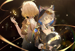Rule 34 | 2girls, absurdres, aglaea (honkai: star rail), animal ears, animal hood, backless dress, backless outfit, binghaiankang, black gloves, black leotard, blonde hair, bracelet, breasts, cat ears, cat girl, cat hood, cipher (honkai: star rail), closed mouth, commentary request, dress, fingerless gloves, gloves, grey hair, highres, holding, honkai: star rail, honkai (series), hood, jewelry, large breasts, laurel crown, leotard, multiple girls, short hair, short hair with long locks, thread, white dress, yellow nails