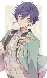 Rule 34 | 1boy, absurdres, blue hair, closed mouth, earrings, ensemble stars!, green jacket, hair between eyes, highres, jacket, jewelry, long sleeves, male focus, necktie, official alternate costume, open clothes, open jacket, outstretched hand, pink brooch, reijiro, sazanami jun, short hair, smile, solo, white necktie, yellow eyes