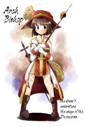 1girl arch_bishop_(ragnarok_online) blush boots brown_boots brown_eyes brown_hair character_name closed_mouth commentary_request cross dress dual_wielding english_text fishnet_thighhighs fishnets frilled_thighhighs frills full_body gloves hat highres holding holding_sword holding_weapon juliet_sleeves long_sleeves looking_at_viewer plume puffy_sleeves ragnarok_online red_dress red_hat short_hair smile solo standing sword thighhighs two-tone_dress ushiro_hayahiro weapon white_background white_dress white_gloves white_thighhighs