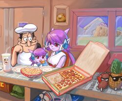 Rule 34 | 1boy, 2girls, black hair, colored skin, combat helmet, commentary, crash bandicoot (series), crate, crossover, cup, door, eating, english commentary, facial hair, food, freedom planet, galaxytrail, greaseball, green headwear, helmet, highres, horns, indoors, long hair, multiple girls, mustache, painting (object), pepperoni, pepperoni pizza, peppino spaghetti, pineapple toppin (pizza tower), pizza, pizza tower, profitshame, purple hair, purple skin, red eyes, sash lilac, sausage toppin (pizza tower), tomato toppin (pizza tower), white headwear