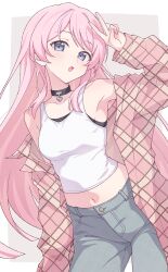 1girl arm_up bang_dream! bang_dream!_it&#039;s_mygo!!!!! black_choker blue_pants blush breasts chihaya_anon choker commentary e20 english_commentary grey_eyes heart heart_choker highres jacket long_hair looking_at_viewer medium_breasts midriff navel open_clothes open_jacket open_mouth pants pink_hair pink_jacket solo tank_top v white_tank_top