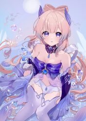 1girl bare_shoulders blunt_bangs blush breasts bubble collarbone coral detached_collar detached_sleeves fish genshin_impact gloves hand_on_ground highres horns hydro_symbol_(genshin_impact) japanese_clothes long_hair looking_at_viewer medium_breasts navel nontraditional_miko open_mouth pink_hair purple_eyes saeki_pcwtr8422 sangonomiya_kokomi sitting solo stomach thighhighs underwater vision_(genshin_impact) white_gloves white_thighhighs wide_sleeves