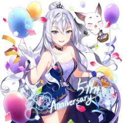 1girl animal balloon bare_legs blue_dress choker dress gloves grey_eyes grey_hair long_hair multicolored_eyes off-shoulder_dress off_shoulder purple_eyes roselia_violet salt_(salty) uchi_no_hime-sama_ga_ichiban_kawaii white_gloves