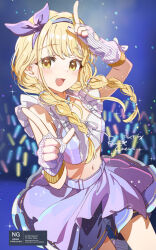 1girl blonde_hair blush braid commentary_request cropped_shirt fang fingerless_gloves fujita_kotone gakuen_idolmaster gloves glowstick highres idolmaster index_finger_raised long_hair looking_at_viewer mao_xiaozha_(rumiechen) midriff navel purple_skirt ribbed_gloves skirt sleeveless smile solo twin_braids yellow_eyes