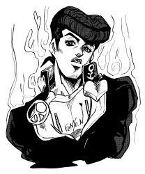 Rule 34 | anchor symbol, artist name, aura, cropped arms, delinquent, diamond wa kudakenai, fenyon, heart, higashikata josuke, highres, jojo no kimyou na bouken, looking at viewer, monochrome, peace symbol, pompadour, upper body