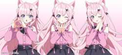 Rule 34 | 1girl, ;p, animal ear fluff, animal ears, black skirt, blush, braid, braided bun, cat hair ornament, clothing cutout, crown braid, double bun, fang, gradient background, hair between eyes, hair bun, hair ornament, hairclip, hakui koyori, heart, heart hands, hololive, kurot, long sleeves, multiple views, official art, one eye closed, open mouth, palms together, parted lips, pink background, pink hair, pink shirt, pleated skirt, puffy long sleeves, puffy sleeves, purple eyes, shirt, shoulder cutout, skirt, tail, tongue, tongue out, virtual youtuber, white background