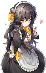 1girl absurdres apron black_hair blush bow bowtie breasts closed_mouth commentary frilled_apron frills hair_between_eyes hair_bow hand_up heart highres large_bow long_hair long_sleeves looking_at_viewer maid maid_apron maid_headdress medium_breasts multiple_bows nagul orange_bow orange_bowtie original simple_background skirt_hold smile solo waist_bow white_background white_bow yellow_eyes